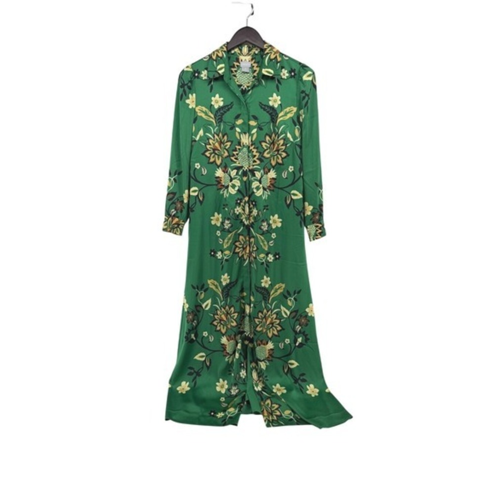 Chicos Green Satin Amazon Floral Maxi Shirt Dress Long‎ Sleeve Size 00 NEW